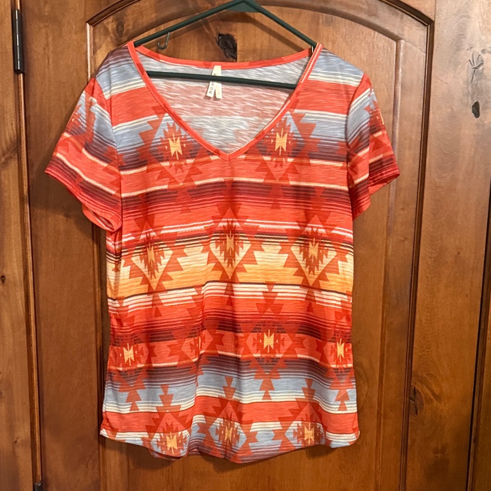 Roper Red and Orange Aztec V-Neck Tee